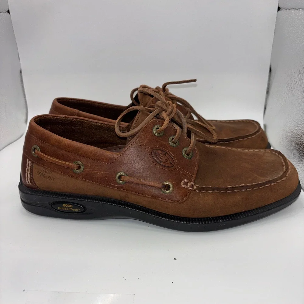 ECCO Mens Brown Leather Water Repellent Boat Shoes RubberTech Loafers 43 9-9.5